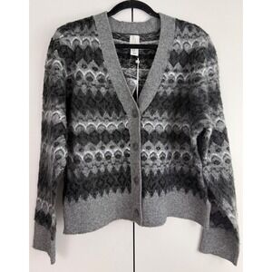 Joie Women's Grey Nordic Fair Isle Fuzzy Knit Button Front Cardigan Sweater XL